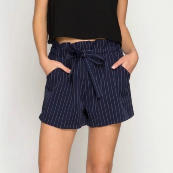She and Sky Pants - She + Sky Navy Pinstripe Paper Bag Shorts Size S